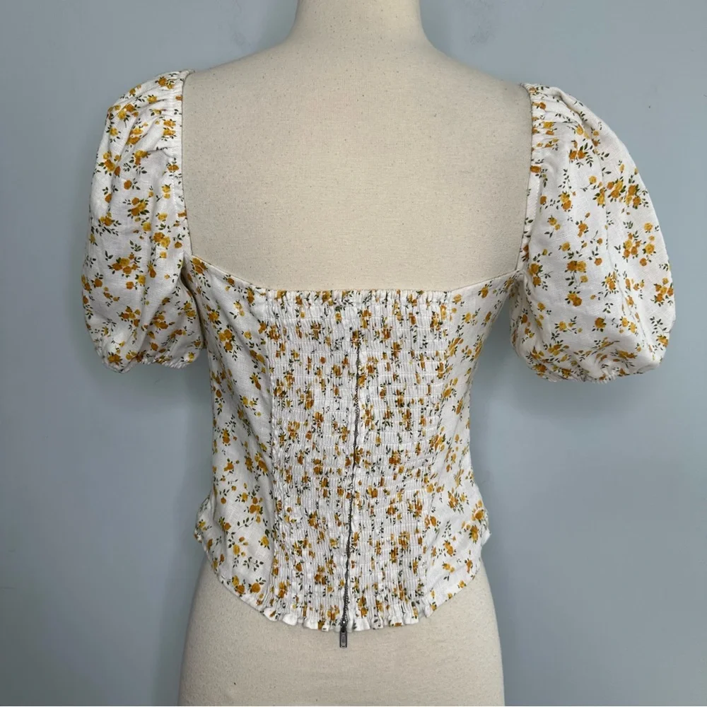 Reformation Andra White Yellow Floral Puff Sleeves Smocked Top Size 6 - Picture 7 of 13